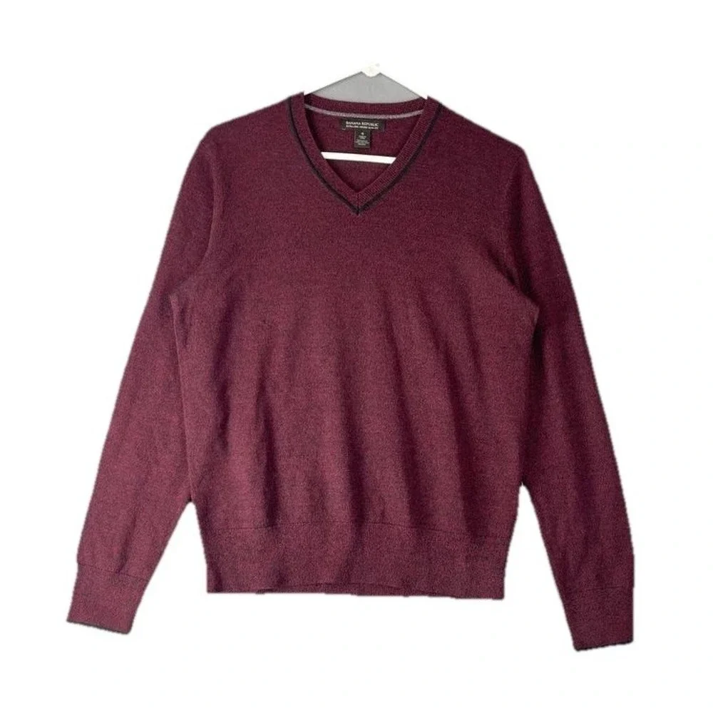 Men's Banana Republic Extra Fine Merino Wool V-Neck Sweater‎ Sz S Wine Burgundy